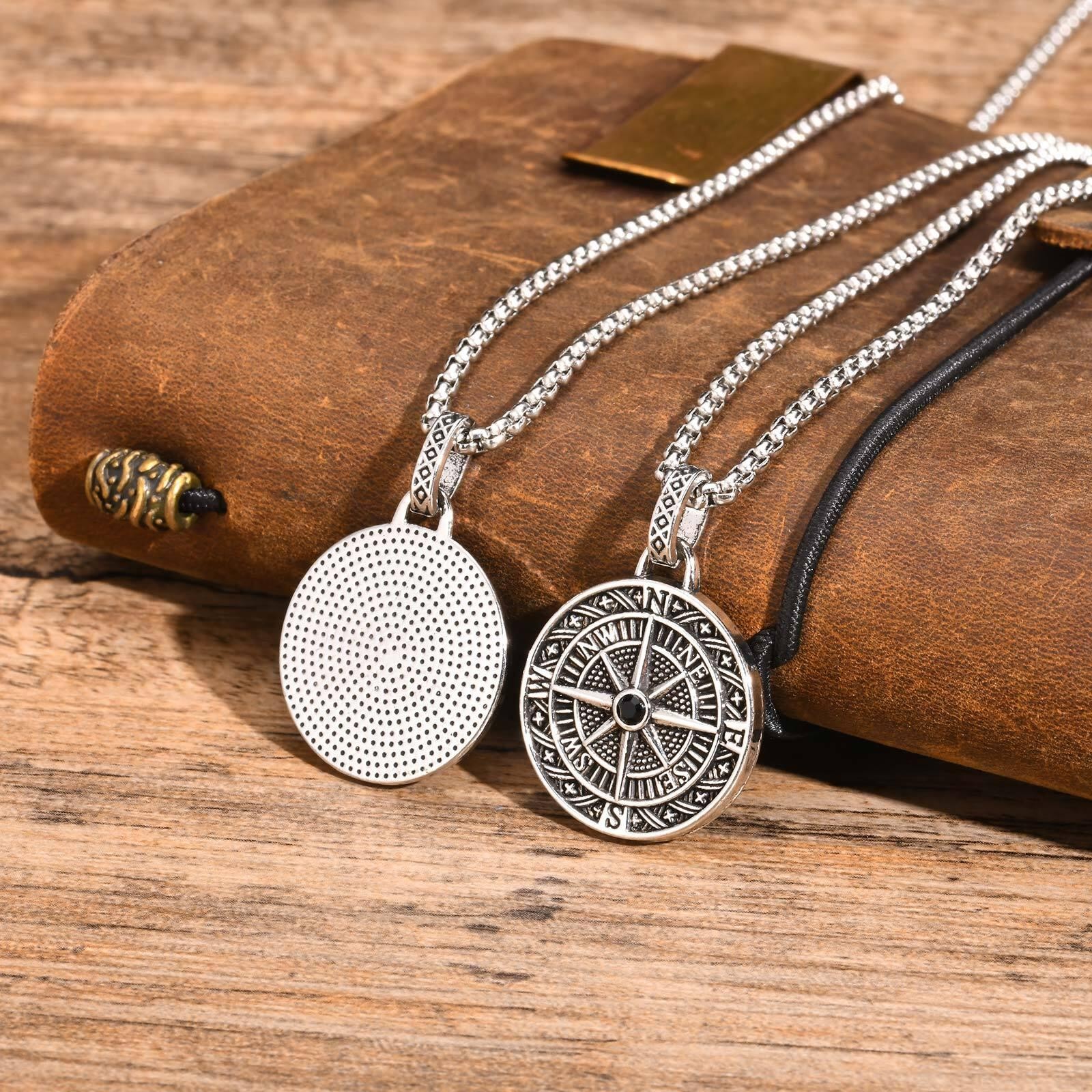 Vintage Compass Necklace Stainless Steel Coin Pendant Men Boys Graduation Gift