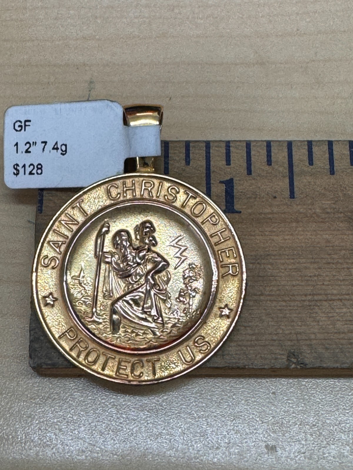 St Christopher 1.2″ Protect Us Medal Shiny Gold Plated over Sterling Silver