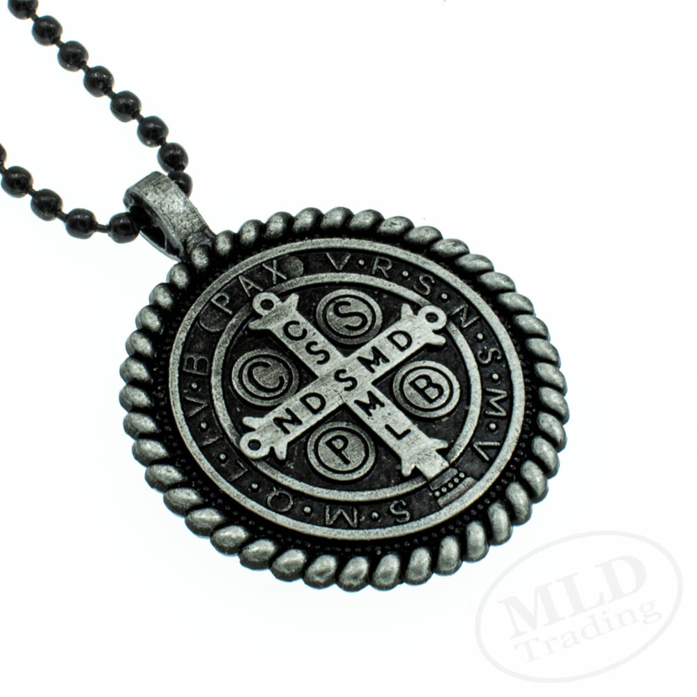 Knot Border Saint St Benedict Medal Pendant Necklace 24″ Ball Chain Black