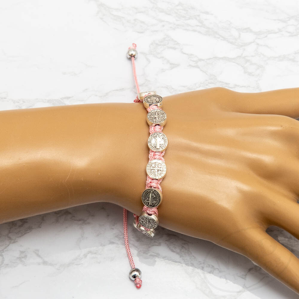 Pink Macrame Saint St Benedict Medal Cord Bracelet – Adjustable, 10 Medals
