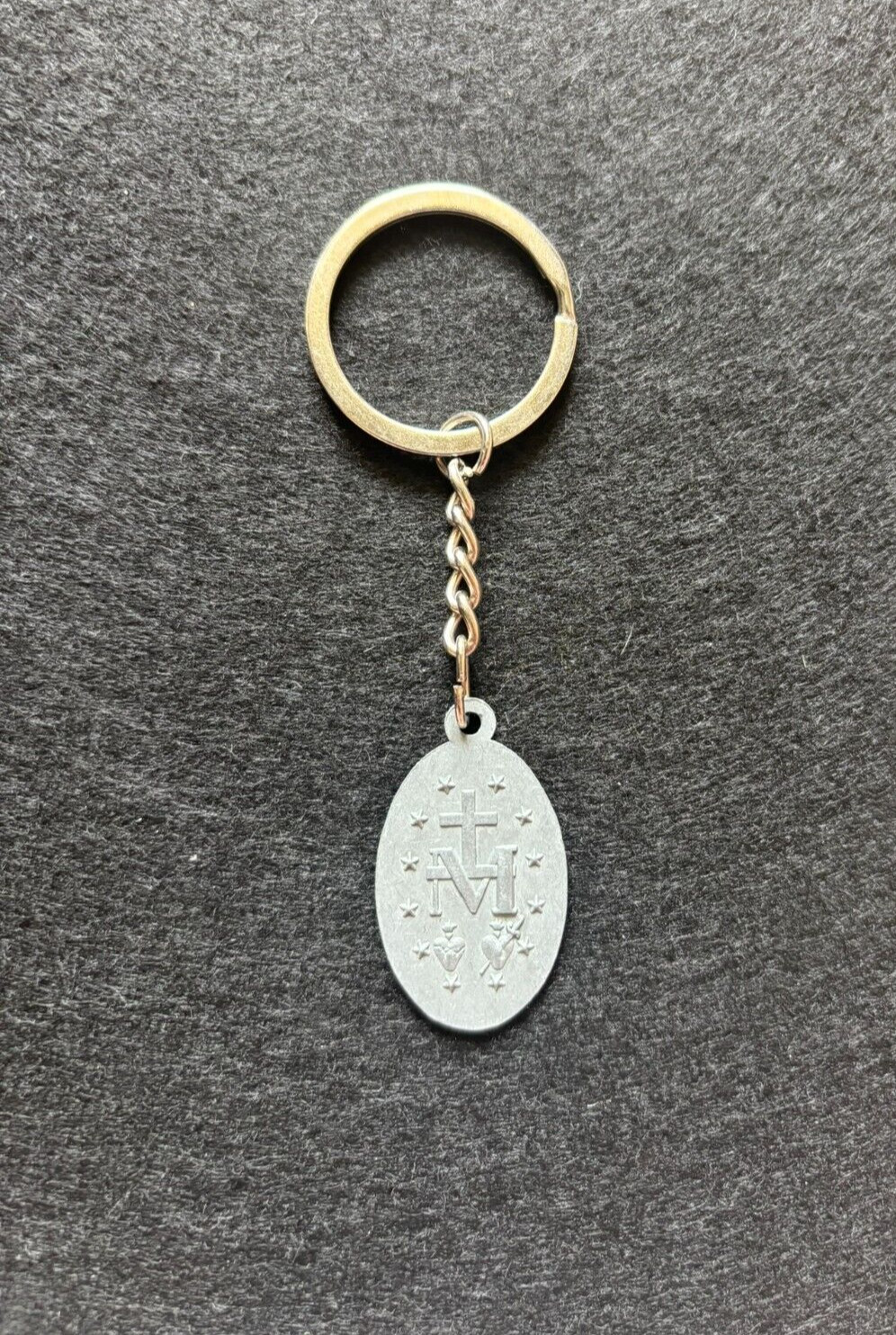Vintage Virgin Mary Conceived Without Sin Pray For Us Keychain Silver and Blue