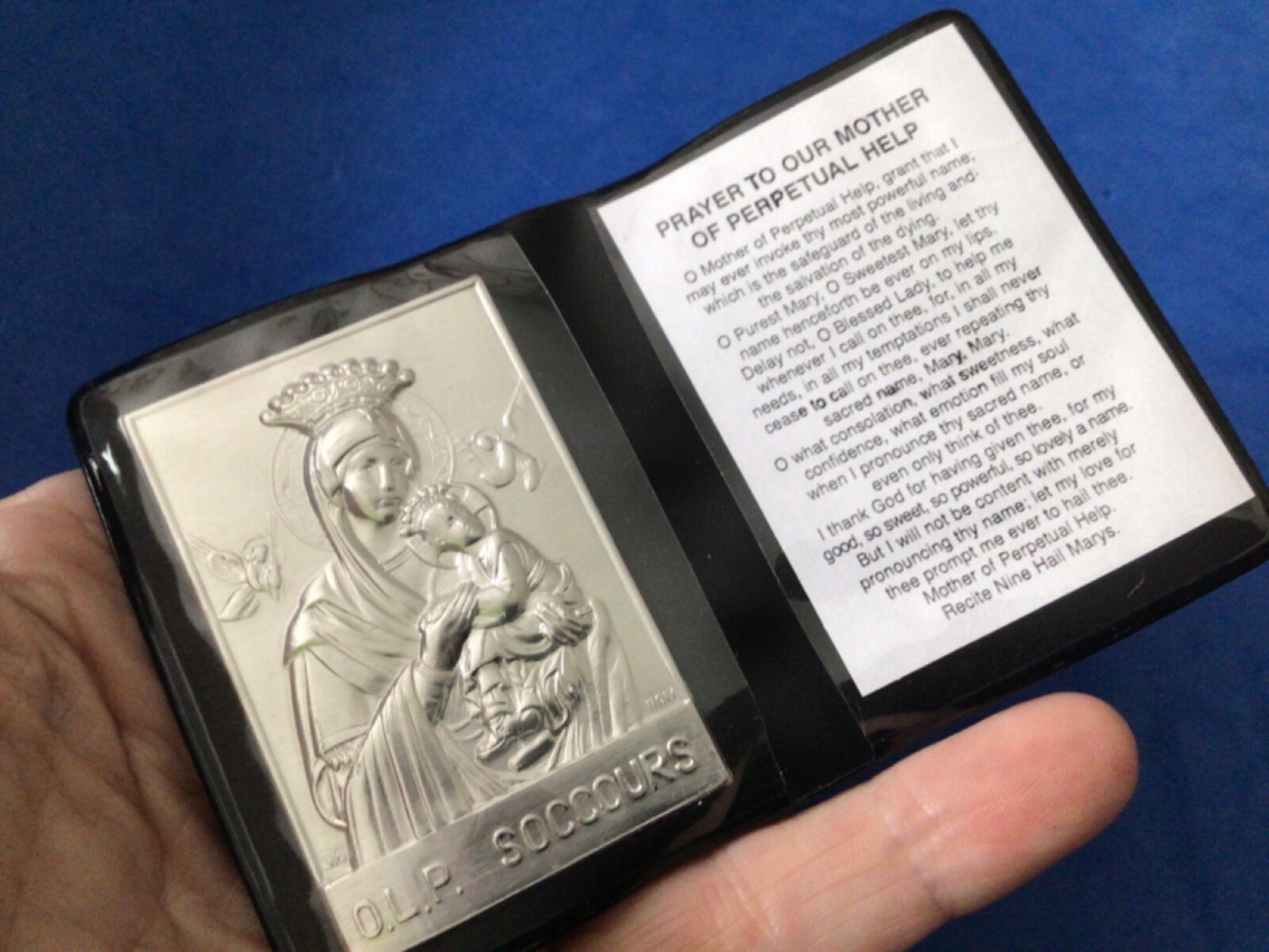 Our Lady of Perpetual Help Silver Metal Saint Plaque Folder Pocket Icon Prayer