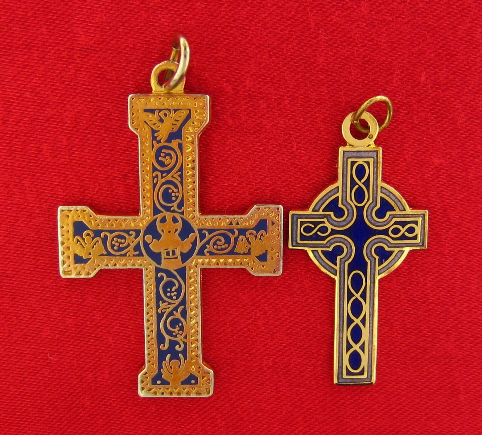 2 BLUE ENAMEL CROSSES Medals Goldtone Religious Catholic Pendants JESUS ORTHODOX
