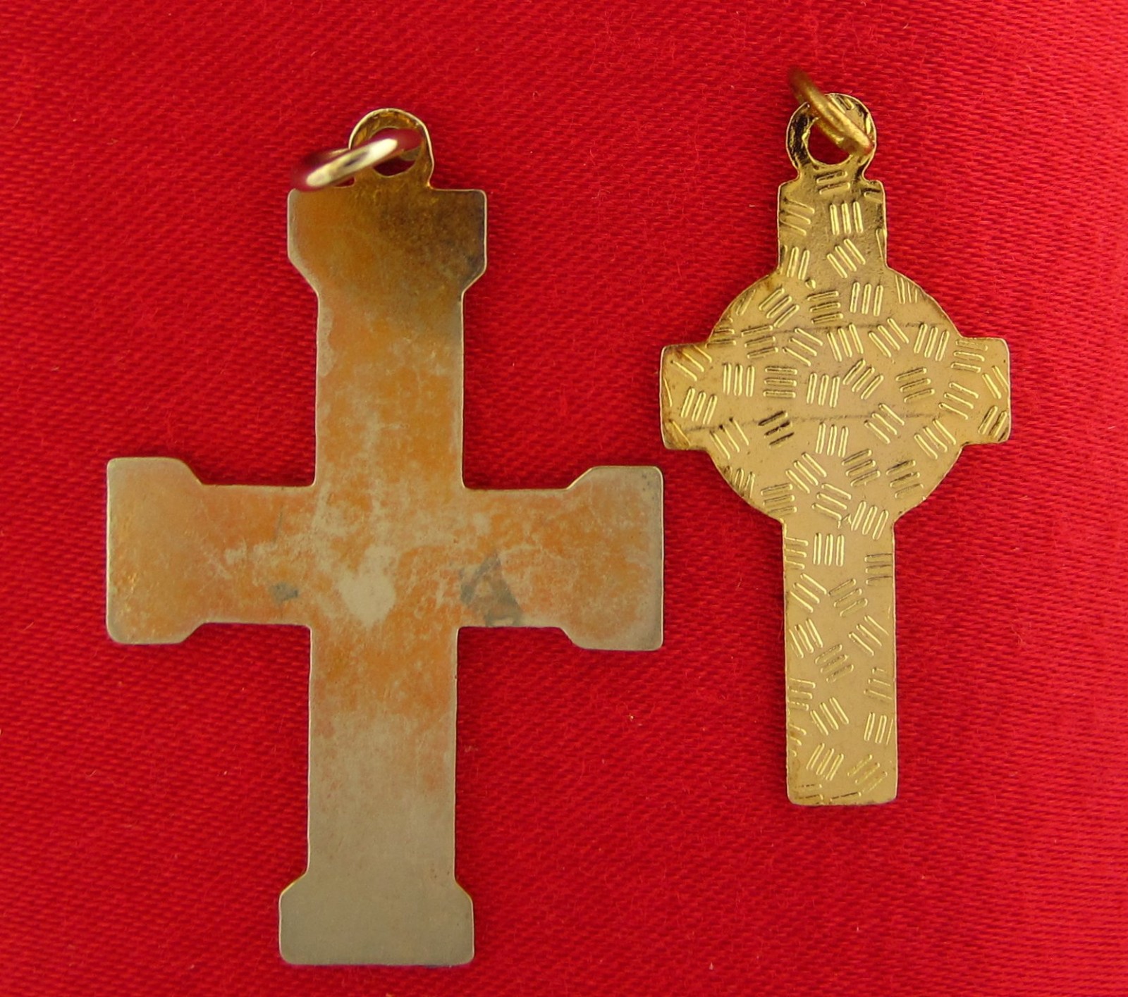 2 BLUE ENAMEL CROSSES Medals Goldtone Religious Catholic Pendants JESUS ORTHODOX