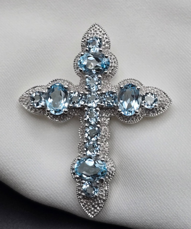 EA Sterling Silver (925) Cross Pendant w/ Faux Blue Topaz