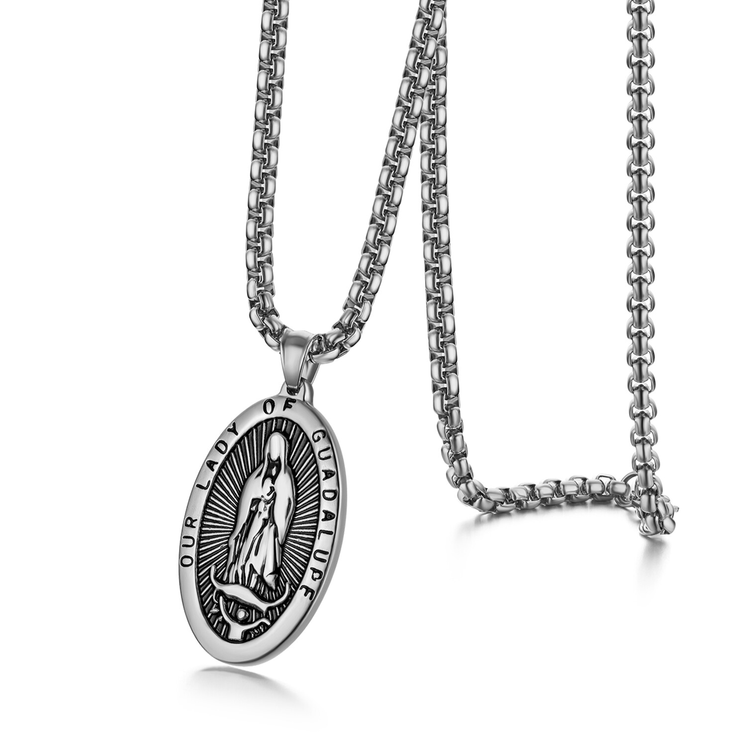 Mens Womens Our Lady of Guadalupe Virgin Mary Oval Medal Pendant Necklace