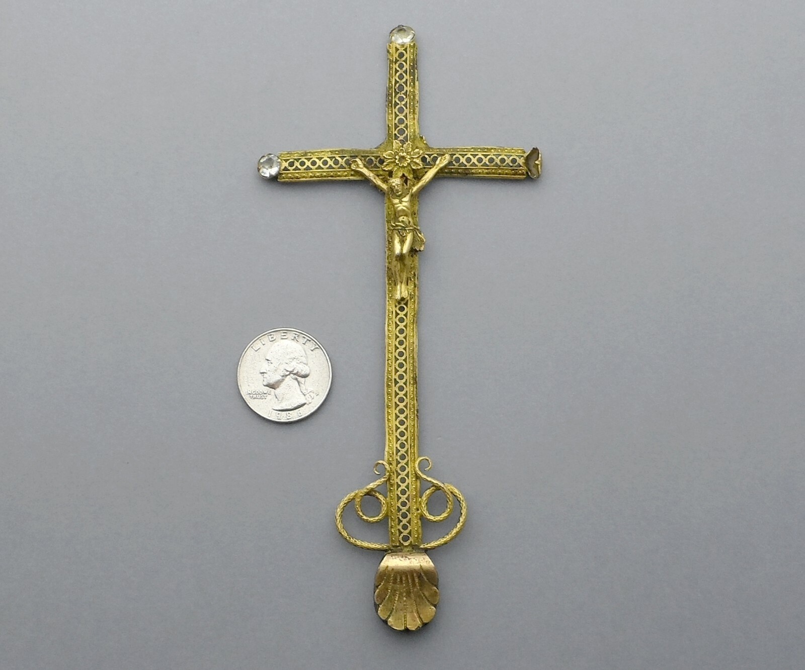 French, Antique Religious Large Brass Cross. Gold Plating Crucifix.