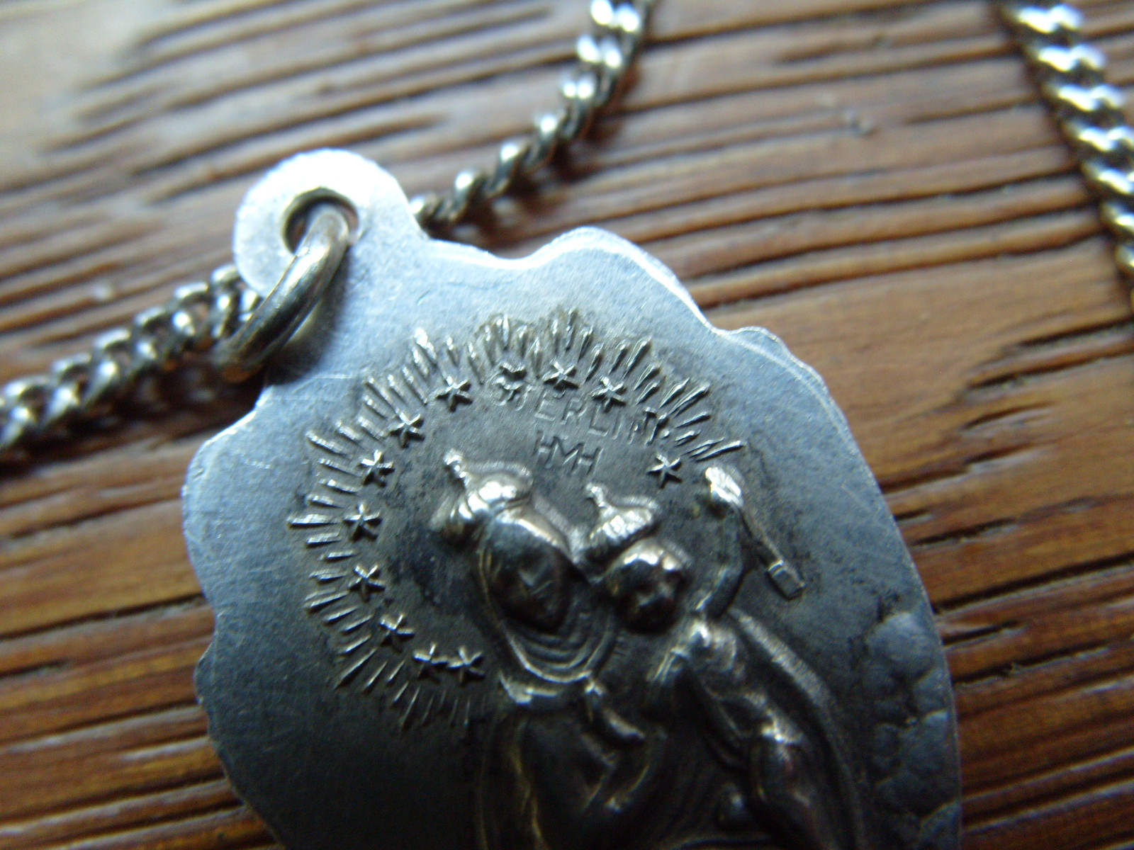 Vintage HMH Sacred Heart Jesus Mother Mary Sterling Silver Pendant 18 in Chain