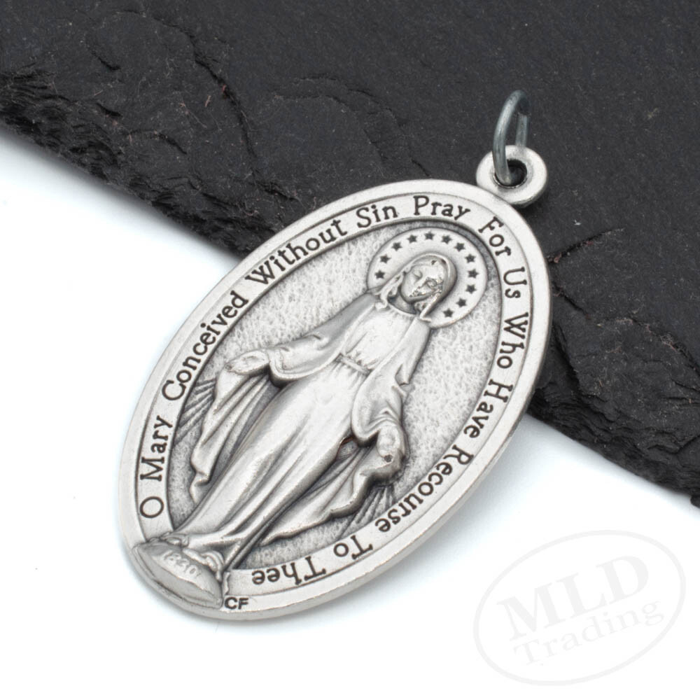 Our Lady Miraculous Medal Pendant Large 1.75″ Silver Oxidized Made In Italy