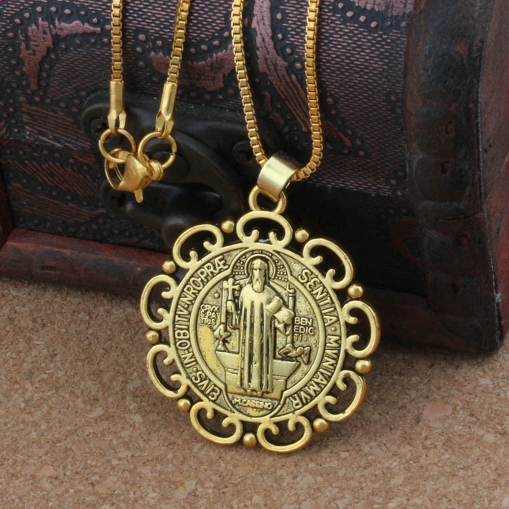 Gold Saint St Benedict Medal Filigree Border Pendant Necklace – 24″ Box Chain