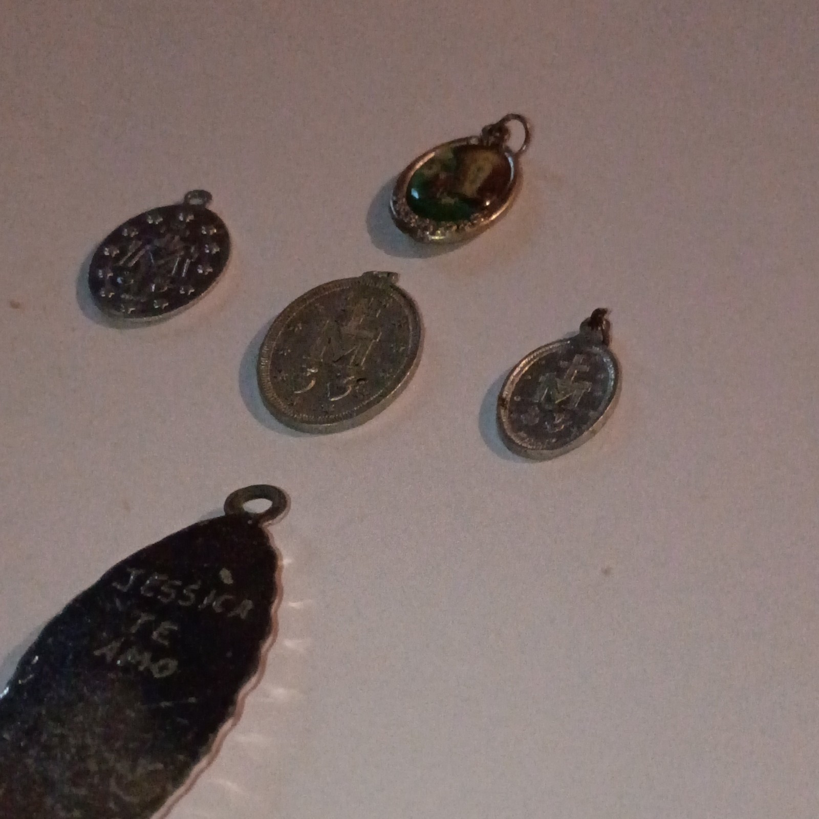 Lot of 5 Christian Religious Medals Virgin Mary Saint Silver Tone Pink Inscribed