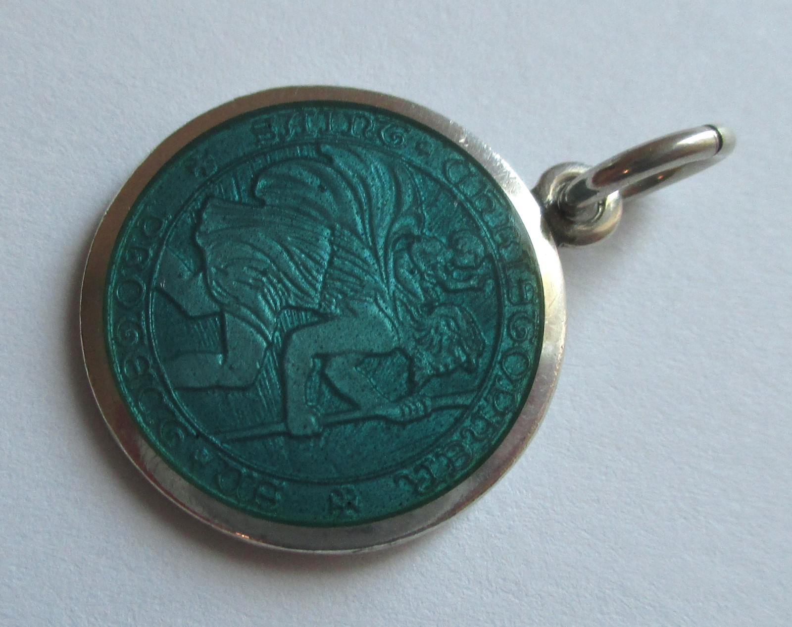 7/8in STERLING SILVER BLUE ENAMEL SAINT CHRISTOPHER MEDAL PENDANT Engraved Dated