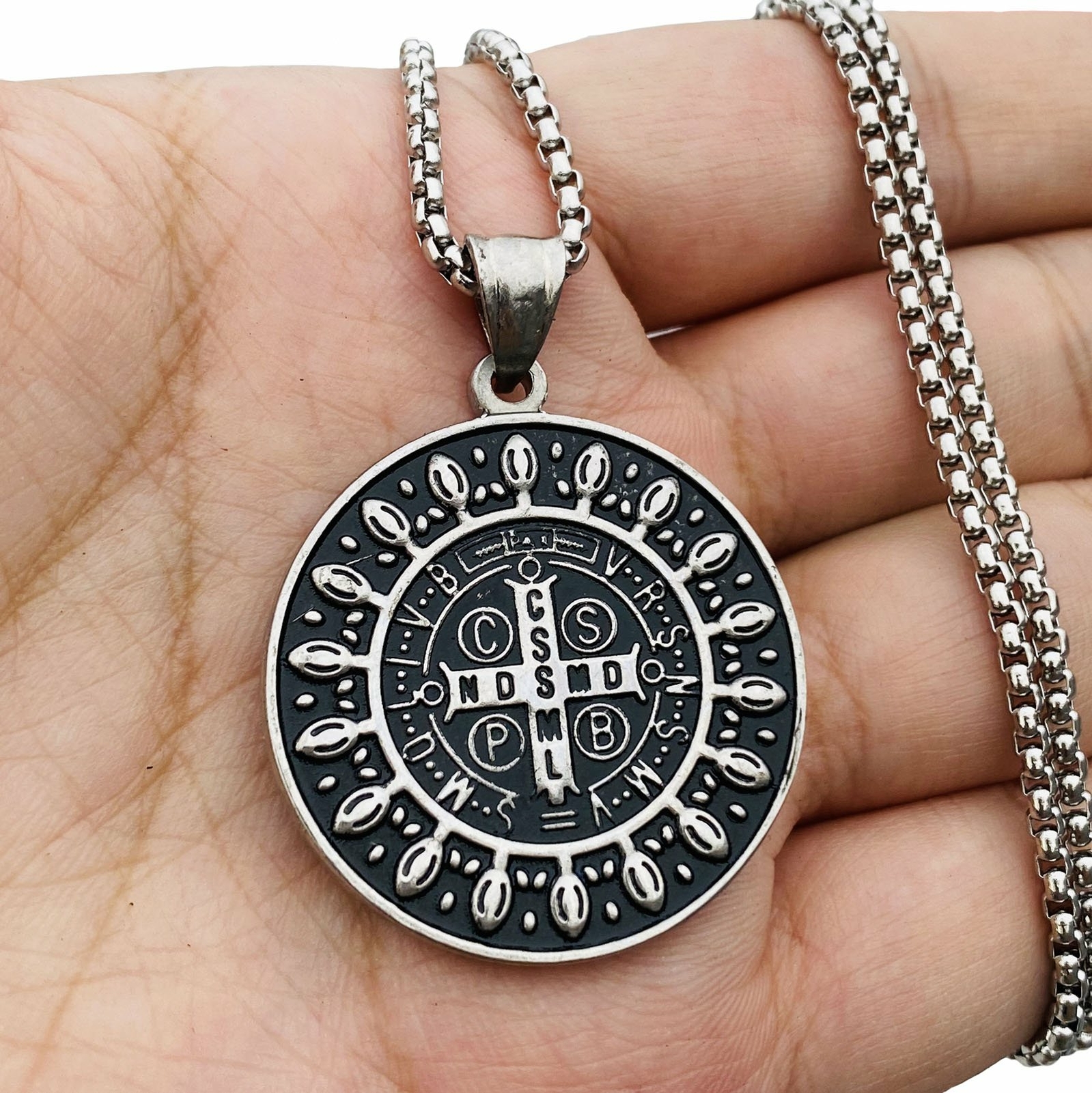 MENDEL Catholic St Saint Benedict Medal Cross Pendant Necklace Stainless Steel