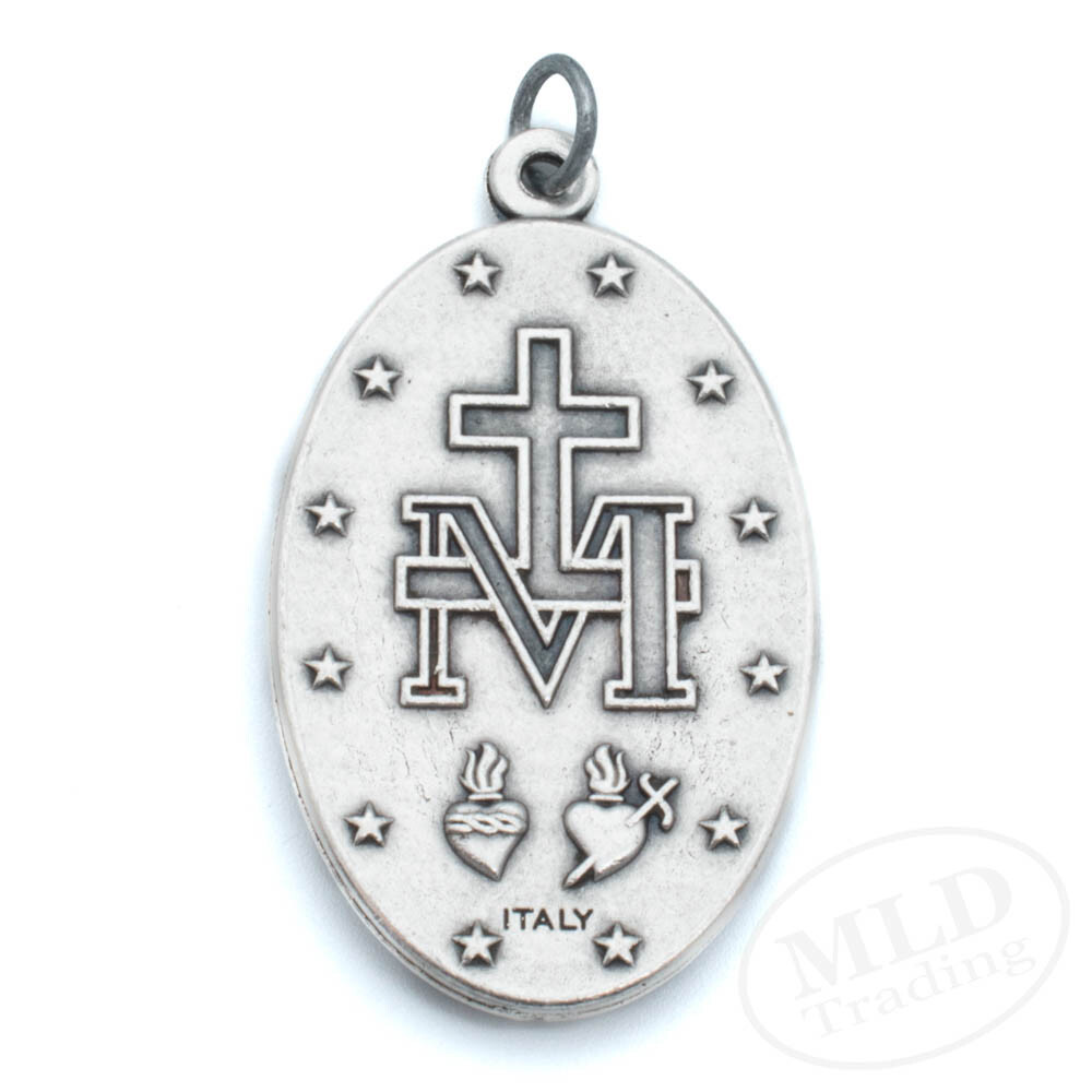 Our Lady Miraculous Medal Pendant Large 1.75″ Silver Oxidized Made In Italy