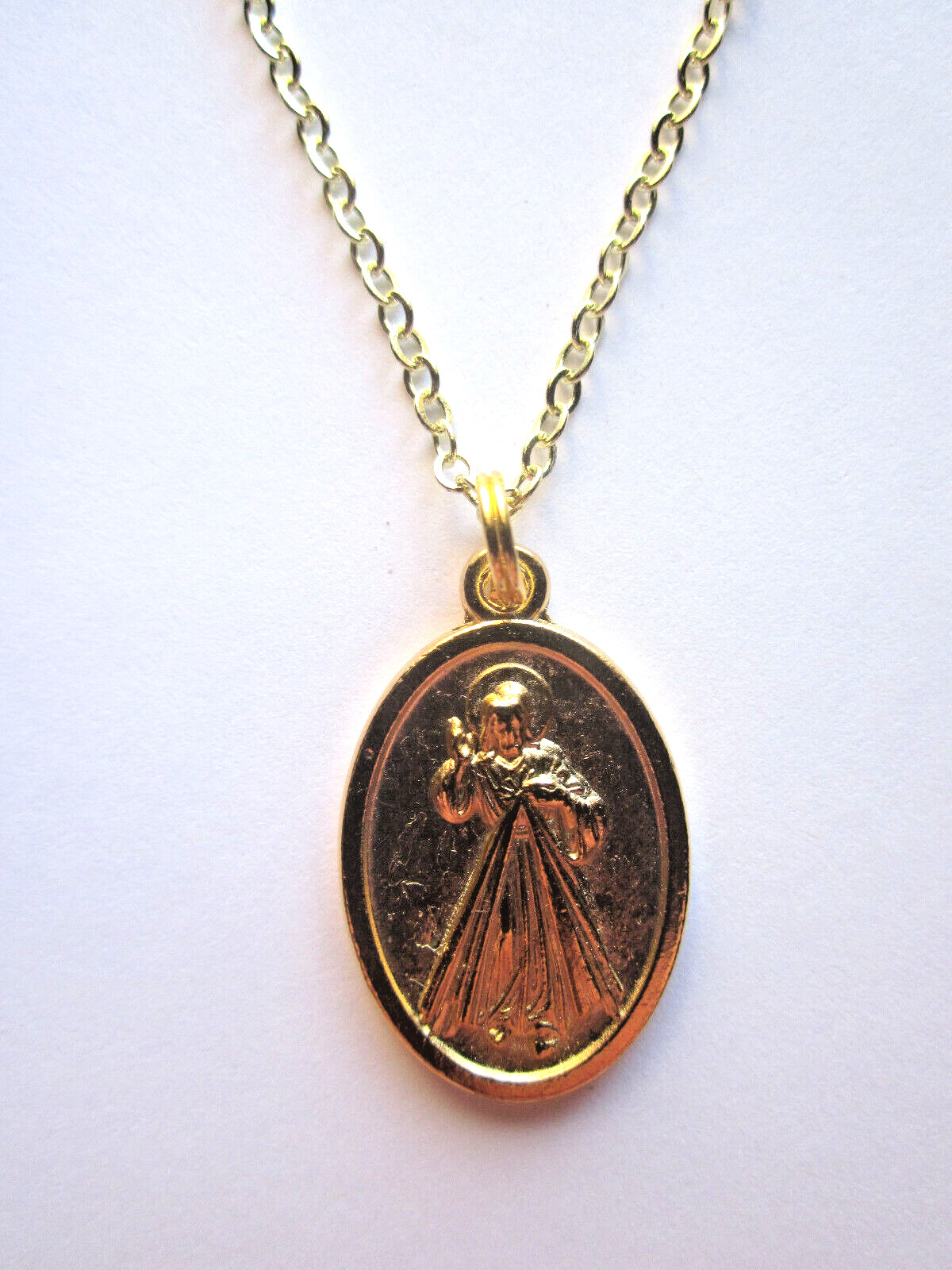 Ladies The Divine Mercy Medal Pendant Necklace 20″ Gold Plated Chain Prayer Card