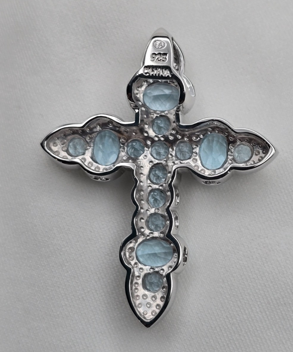 EA Sterling Silver (925) Cross Pendant w/ Faux Blue Topaz