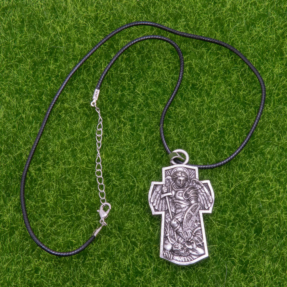 Archangel Patron Saint St Michael Textured 3D Cross Shield Pendant Necklace