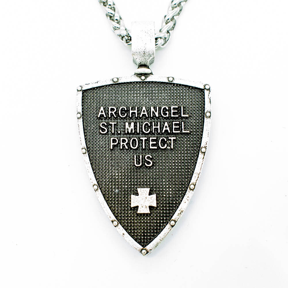 Archangel Saint St Michael Medal Shield and Sword Pendant Necklace w 24″ Chain