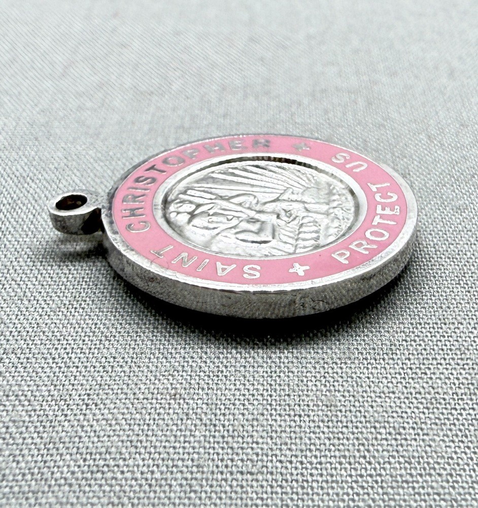 Vintage St Christopher Surfer Medal Pendant Pink Enamel Surf Silvertone 3/4″