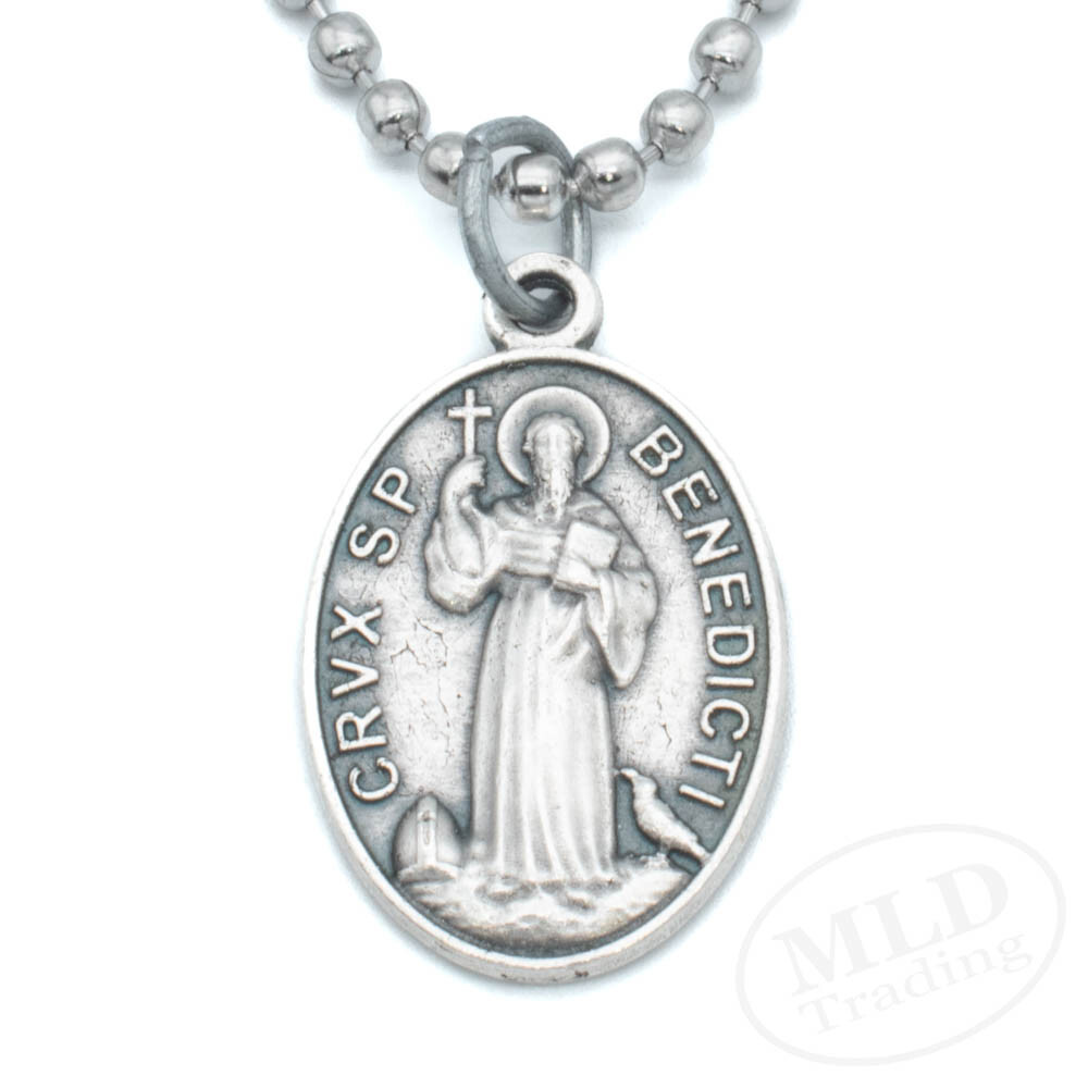 Italian Saint Benedict Medal Pendant Necklace – Silver Zinc Alloy, 24″ Chain