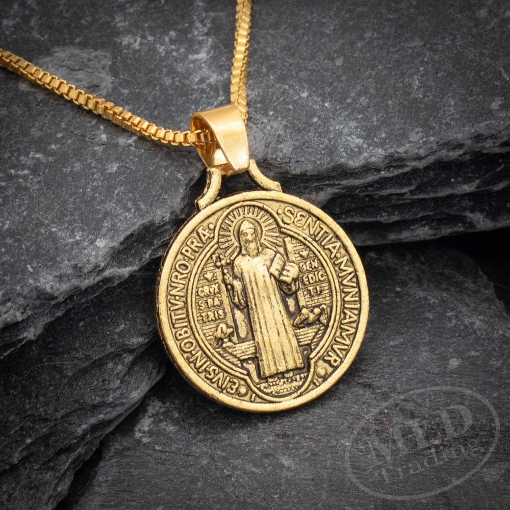 Gold Jesus Crucifix Saint St Benedict Medal Cross Pendant Necklace 24″ Box Chain