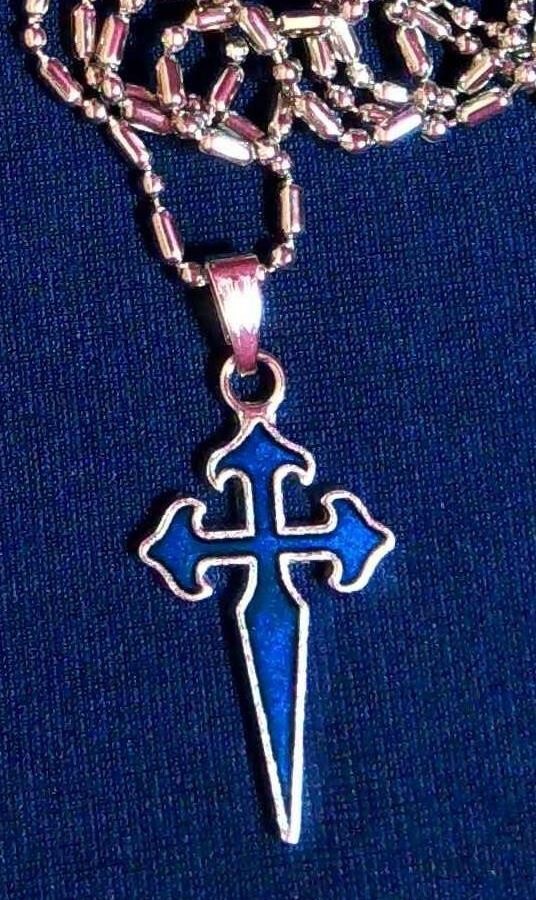 St James Crusader Cross Crucifix Silver Chain Necklace BLUE