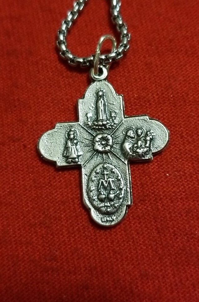 4 WAY CATHOLIC CROSS Medal Pendant Necklace WITH CHAIN SILVER PLATED Italy