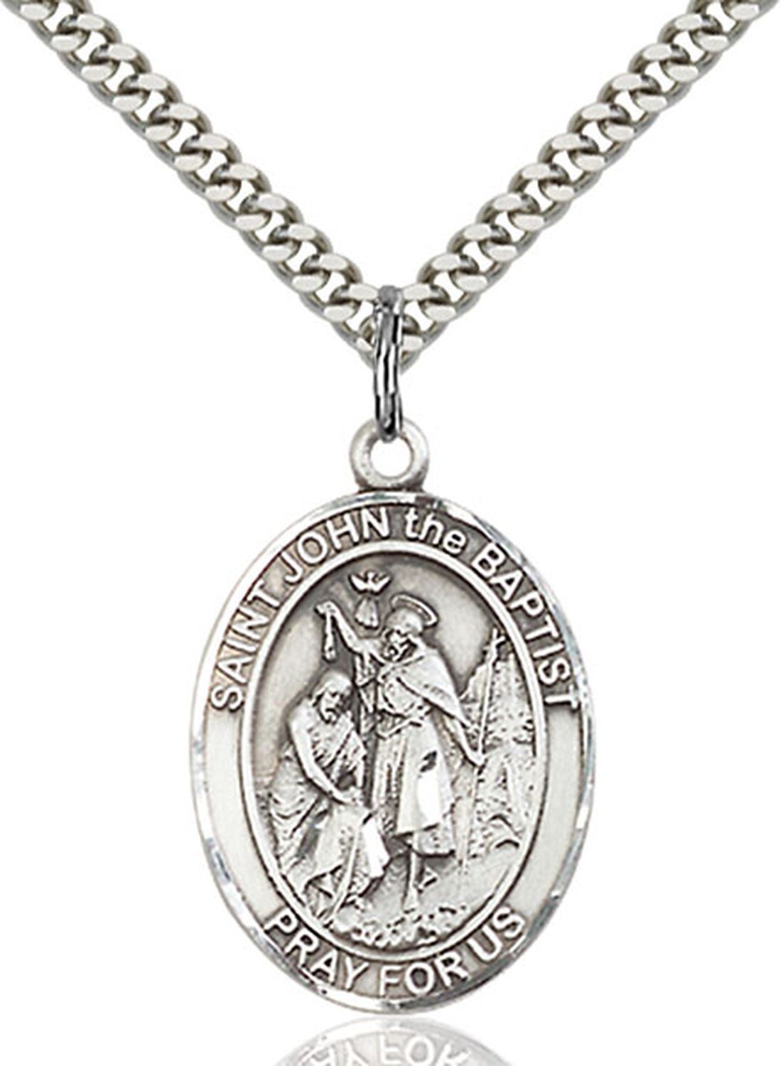 Sterling Silver St John the Baptist Pendant Necklace 24” chain w/ Prayer Card