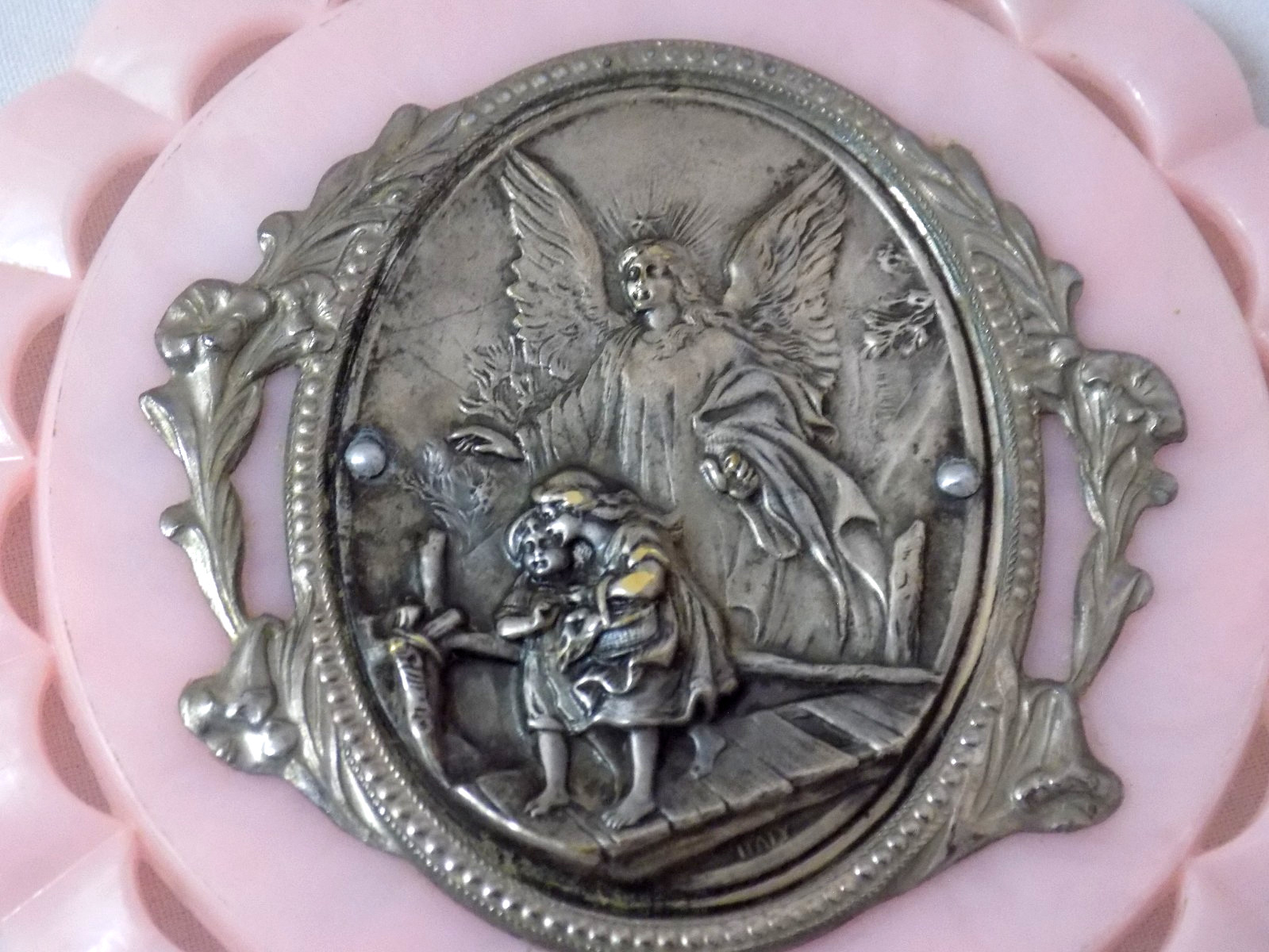VTG 1940s-50s Pink Baby Crib Ornamant W/Silver Guardian Angel Mediallion-Italy