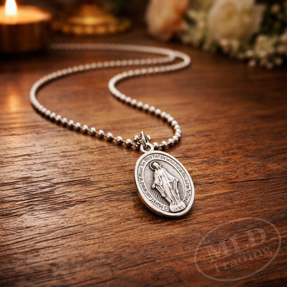 Miraculous Medal Virgin Mary Pendant Necklace 24″ Chain Italy Silver Tone Alloy