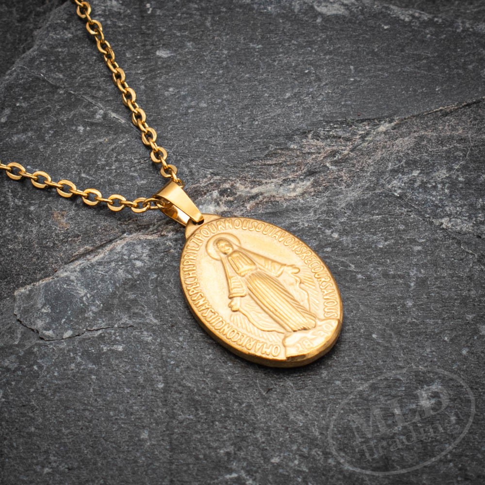 Gold Miraculous Medal Necklace – Stainless Steel Catholic Pendant 18″+2″ Chain