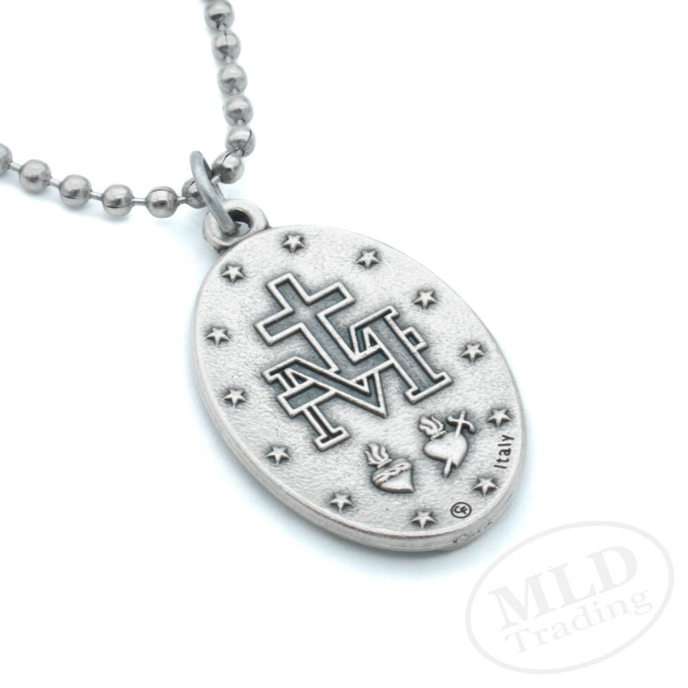 Miraculous Medal Necklace Catholic Virgin Mary 1.5″ Blue Pendant Made In Italy