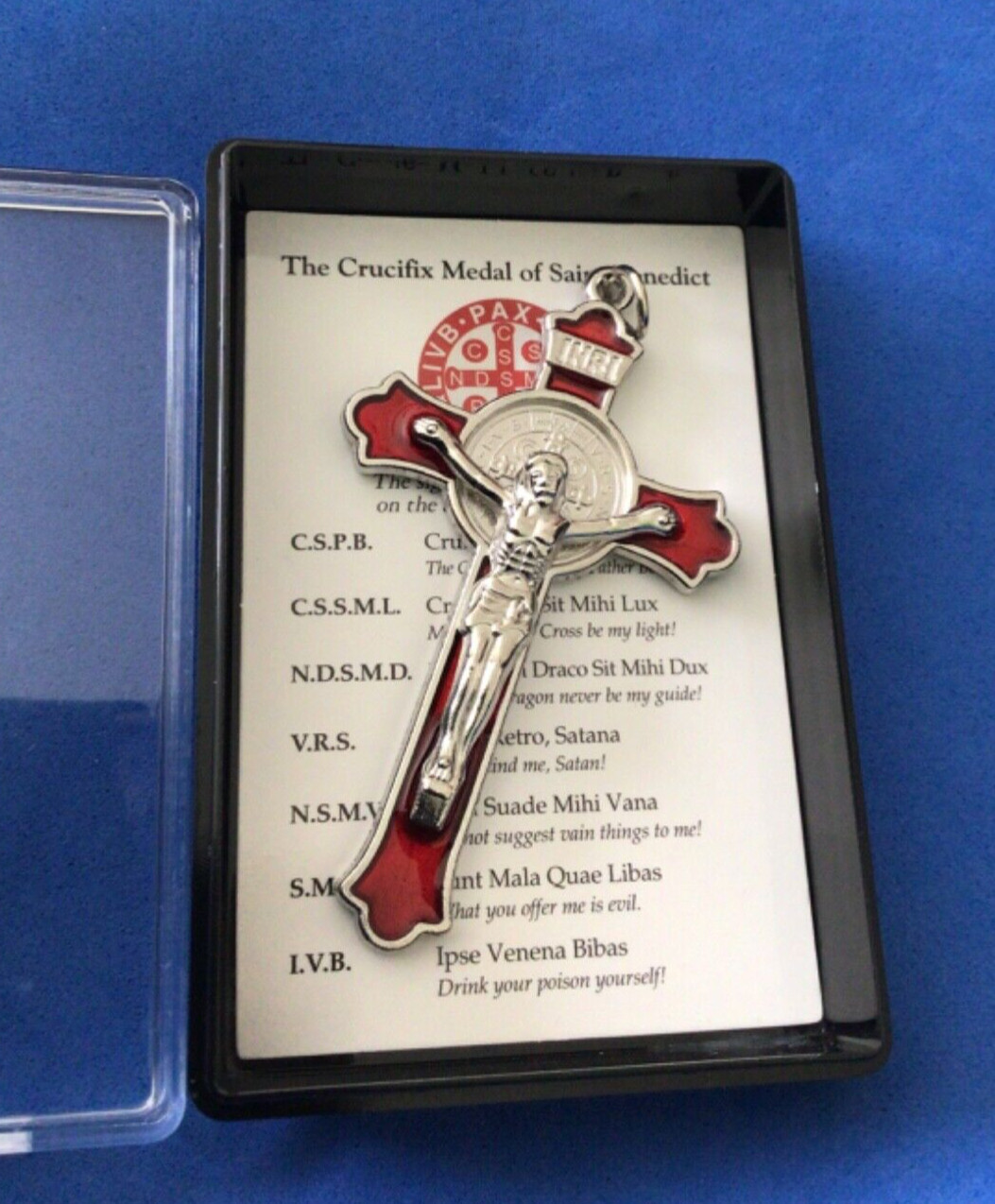 St BENEDICT Crucifix Cross Red Enamel 3” Silver Tone Metal Saint Gift Box