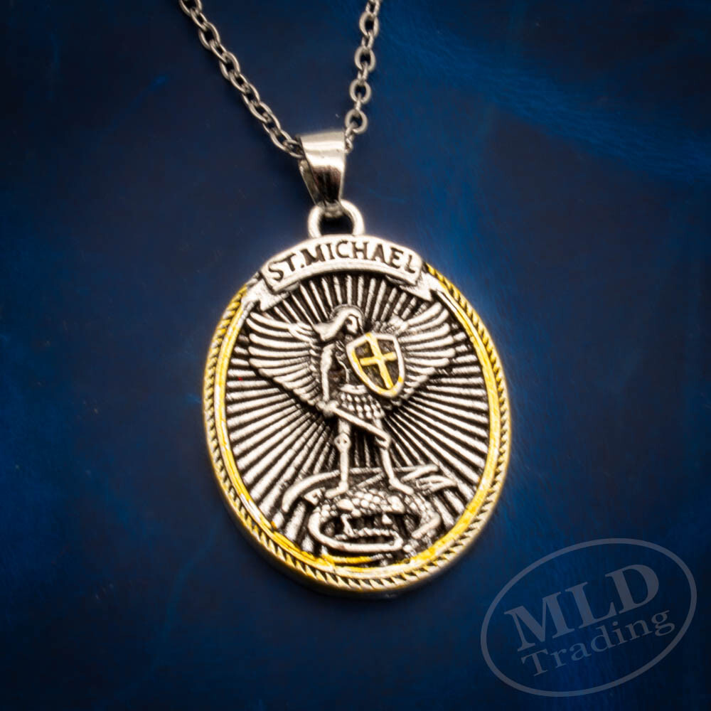 Saint St Michael Pendant Necklace, Oval Silver-Gold, 18″ Chain, Ephesians 6:10