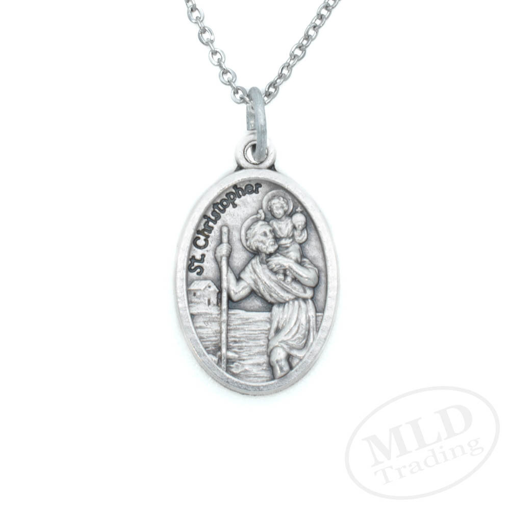 Saint St Christopher Medal Pendant Necklace, Italian, Zinc Alloy, 18″ Link Chain