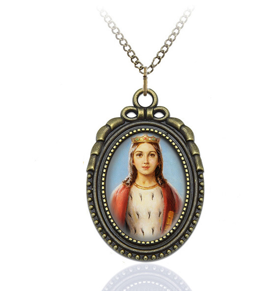 Saint Dymphna – Religious Necklace Catholic Medal Oval Brass Pendant / Charm