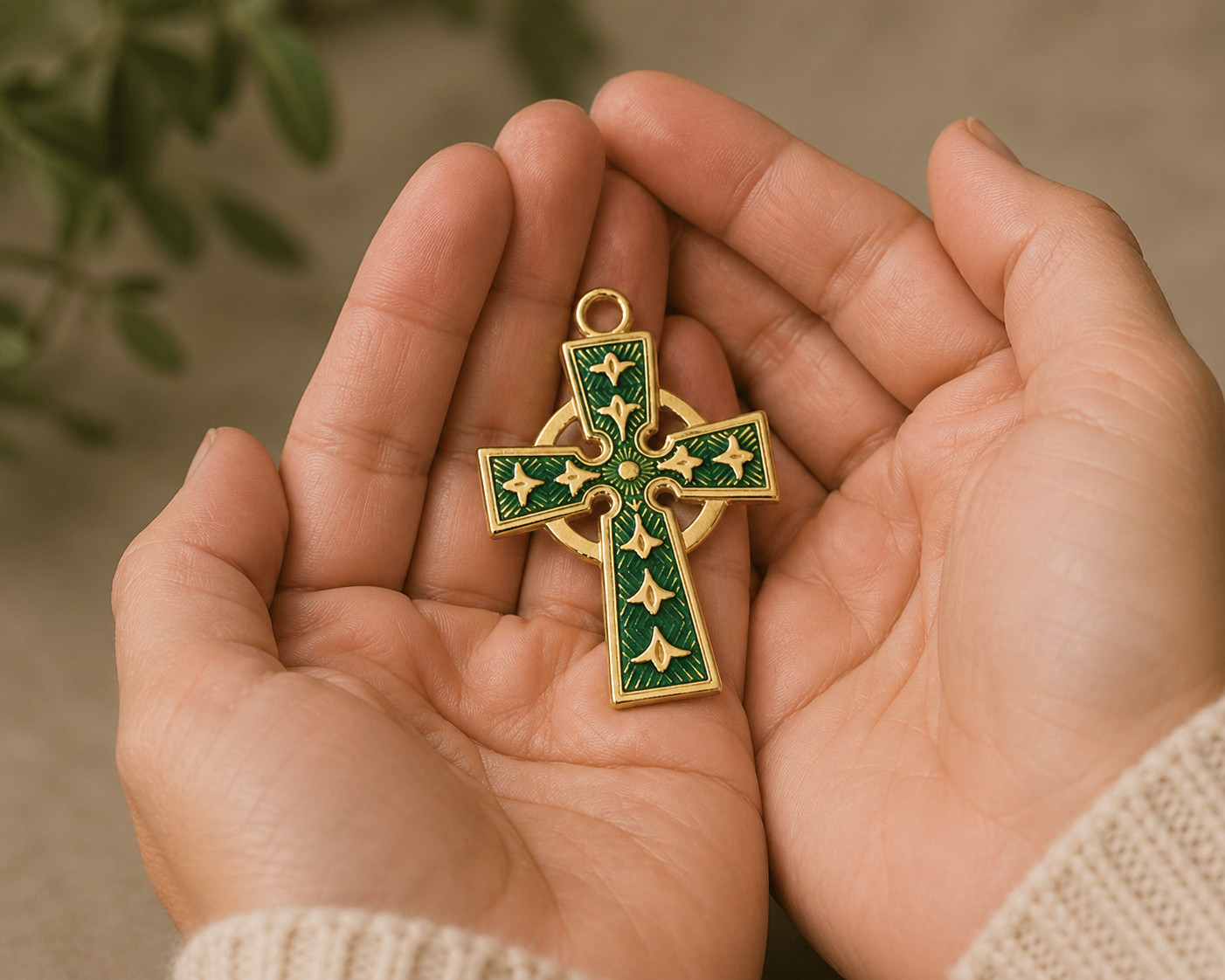 Green Celtic Cross Gold Plated Sterling Medals Fine Jewelry Pendant W/ Chain