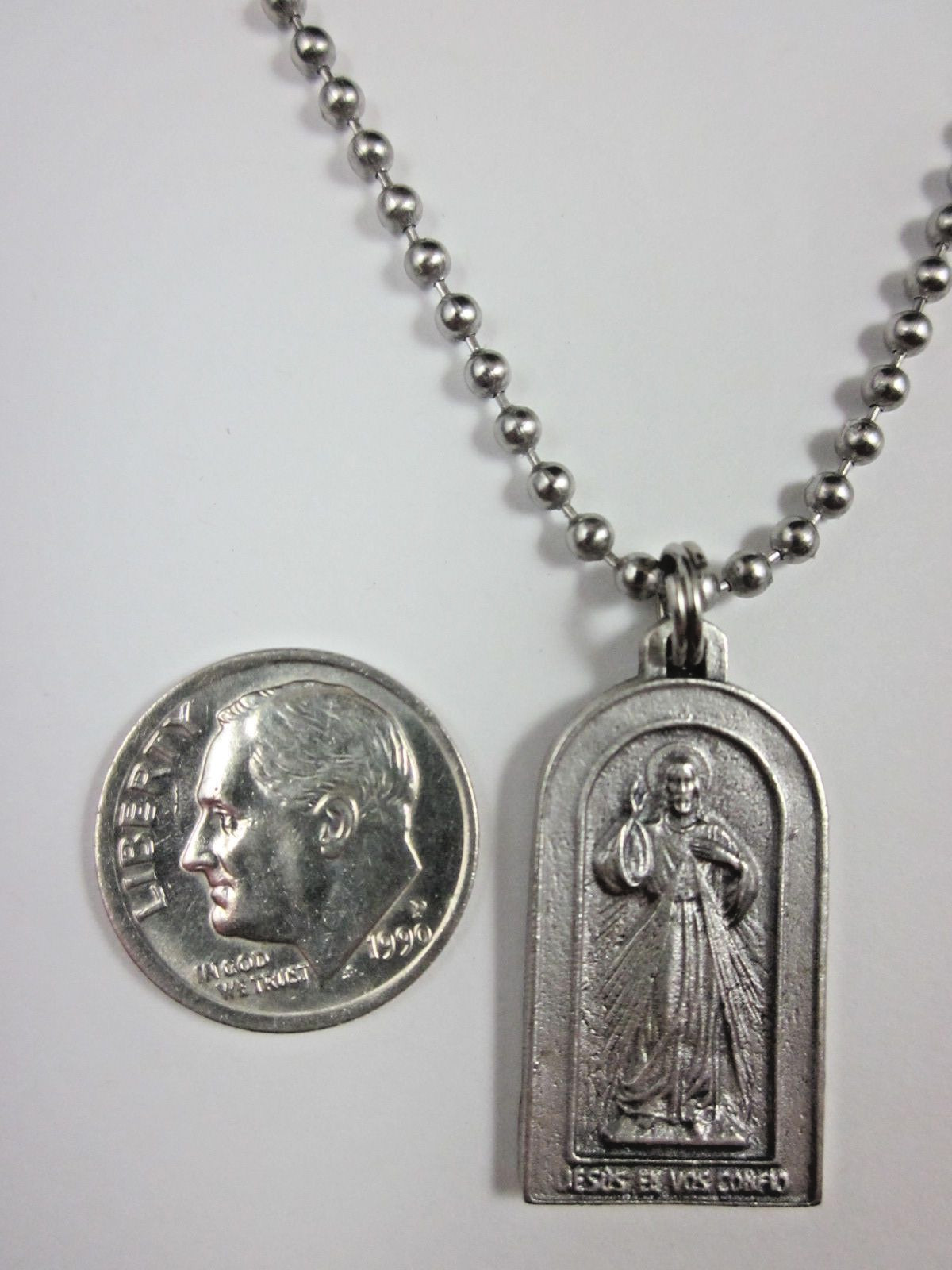 Arched Divine Mercy / St Faustina Medal Italy Pendant Necklace 24″ Ball Chain