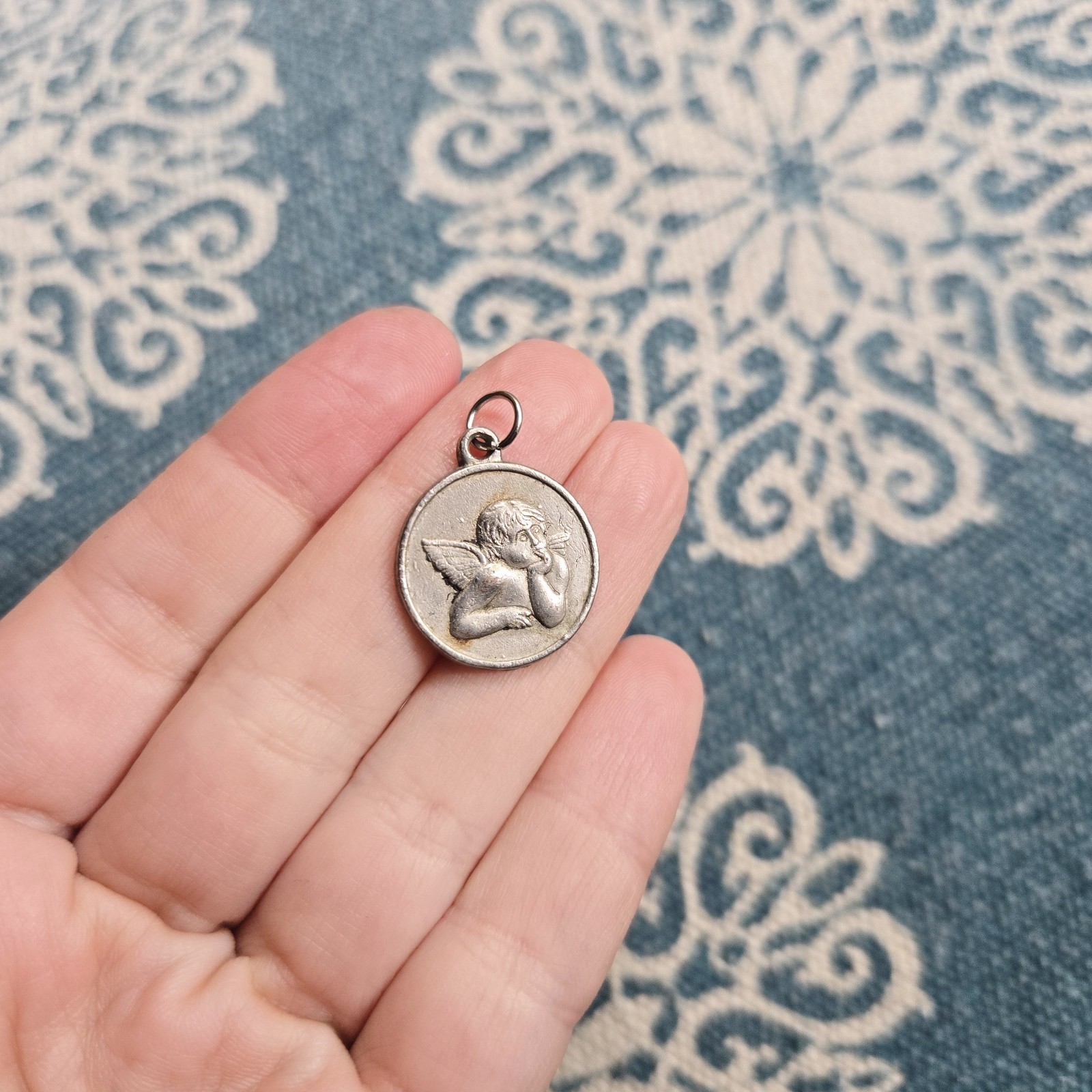 Vintage Silver Grey Angel Medallion Medal Coin Pendant