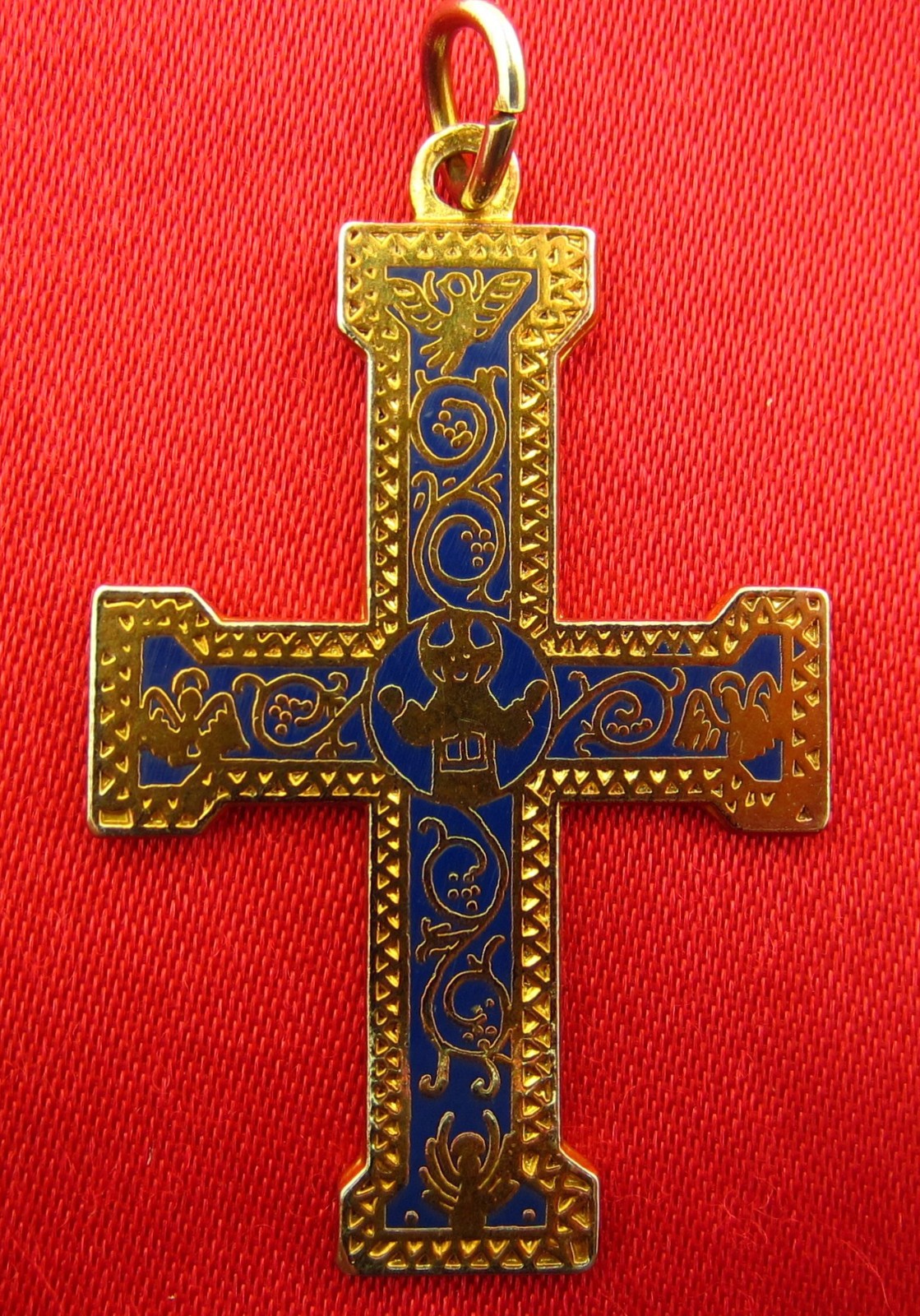 2 BLUE ENAMEL CROSSES Medals Goldtone Religious Catholic Pendants JESUS ORTHODOX