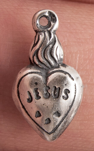 MINI SACRED HEARTS OF JESUS + MARY Medal, silver cast f/ 19th c. French original