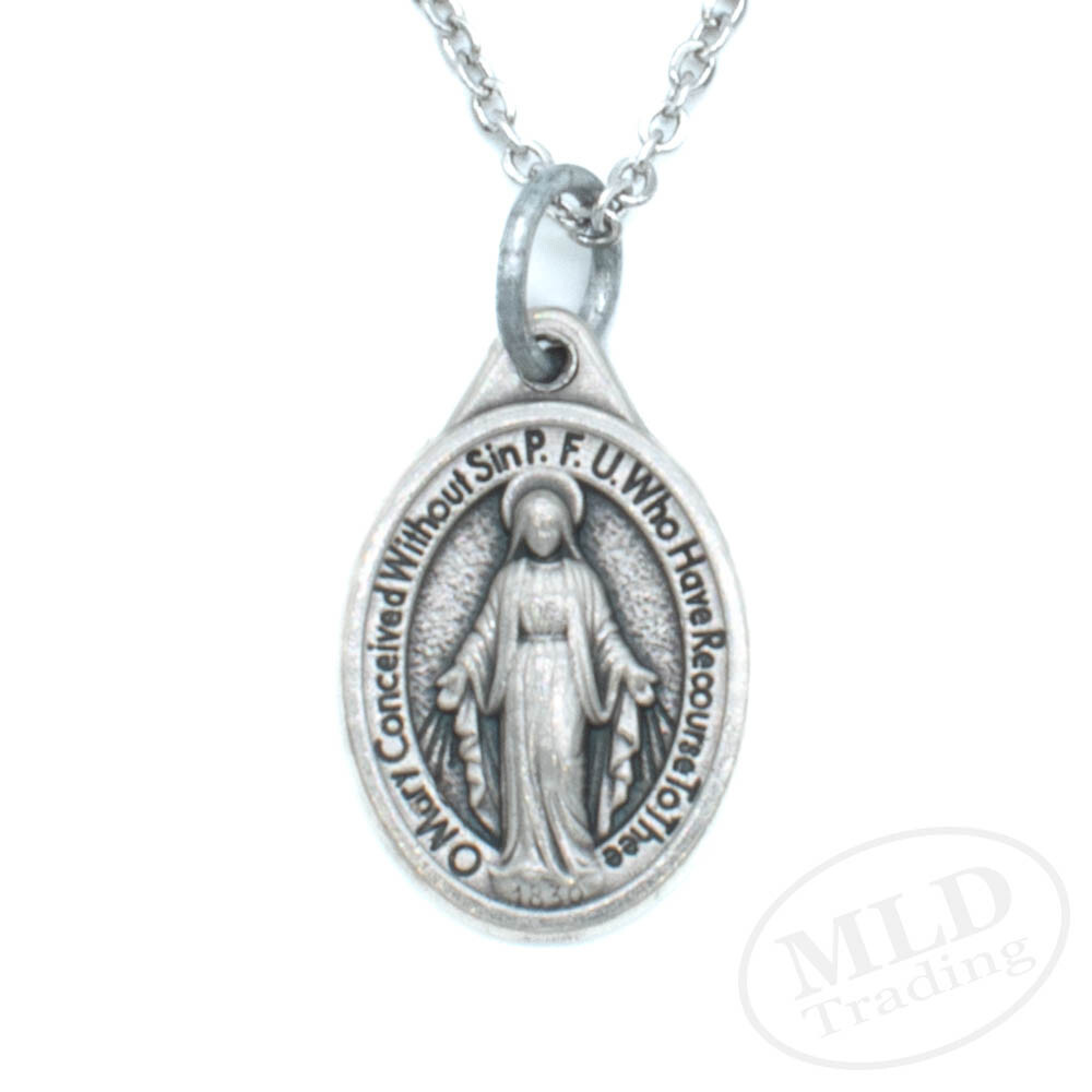 Miraculous Medal Pendant Necklace – 3/4″ Mini Oval, Silver Zinc Alloy, 18″ Chain
