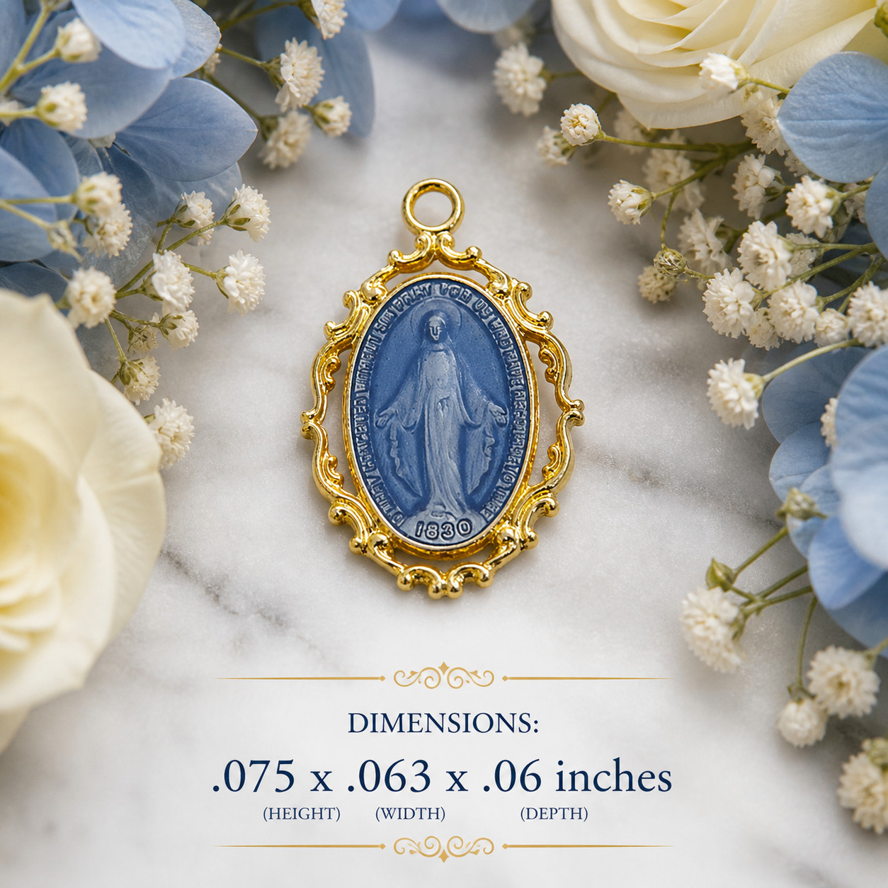 Gold Plated Sterling Silver Medal Miraculous Mary Blue Epoxy Pendant With Chain