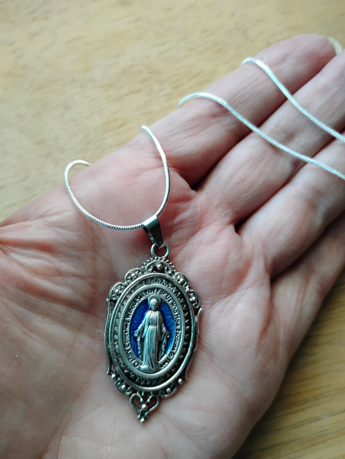 Silver Blue enamel Miraculous Medal Pendant necklace 925 sterling chain OOAK
