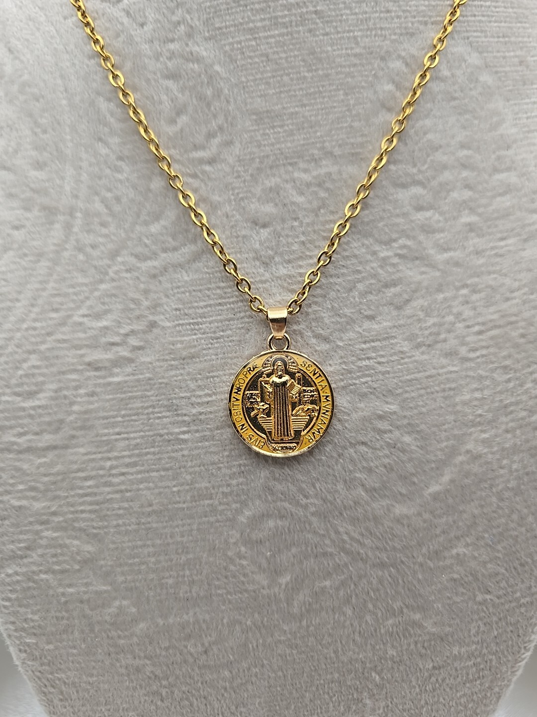 Yellow St Benedict Medal Necklace 20″ Gold Plated Stainless Steel Catholic Gift
