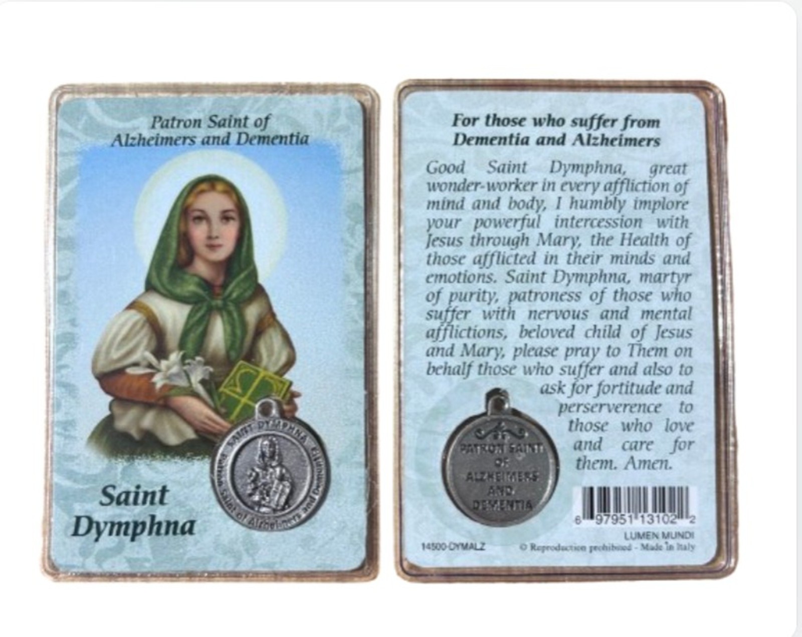 St. Dymphna Prayer Card w Medal Patron of Dementia Alzheimers