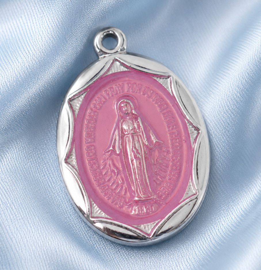 Sterling Silver Pink Miraculous Epoxy Medal Pendant With 16-18″ Adjustable Chain