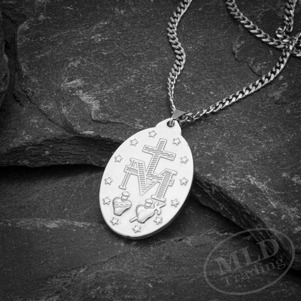 Stainless Steel St Mary Miraculous Medal Pendant Necklace – 1-3/4″, 24” Chain