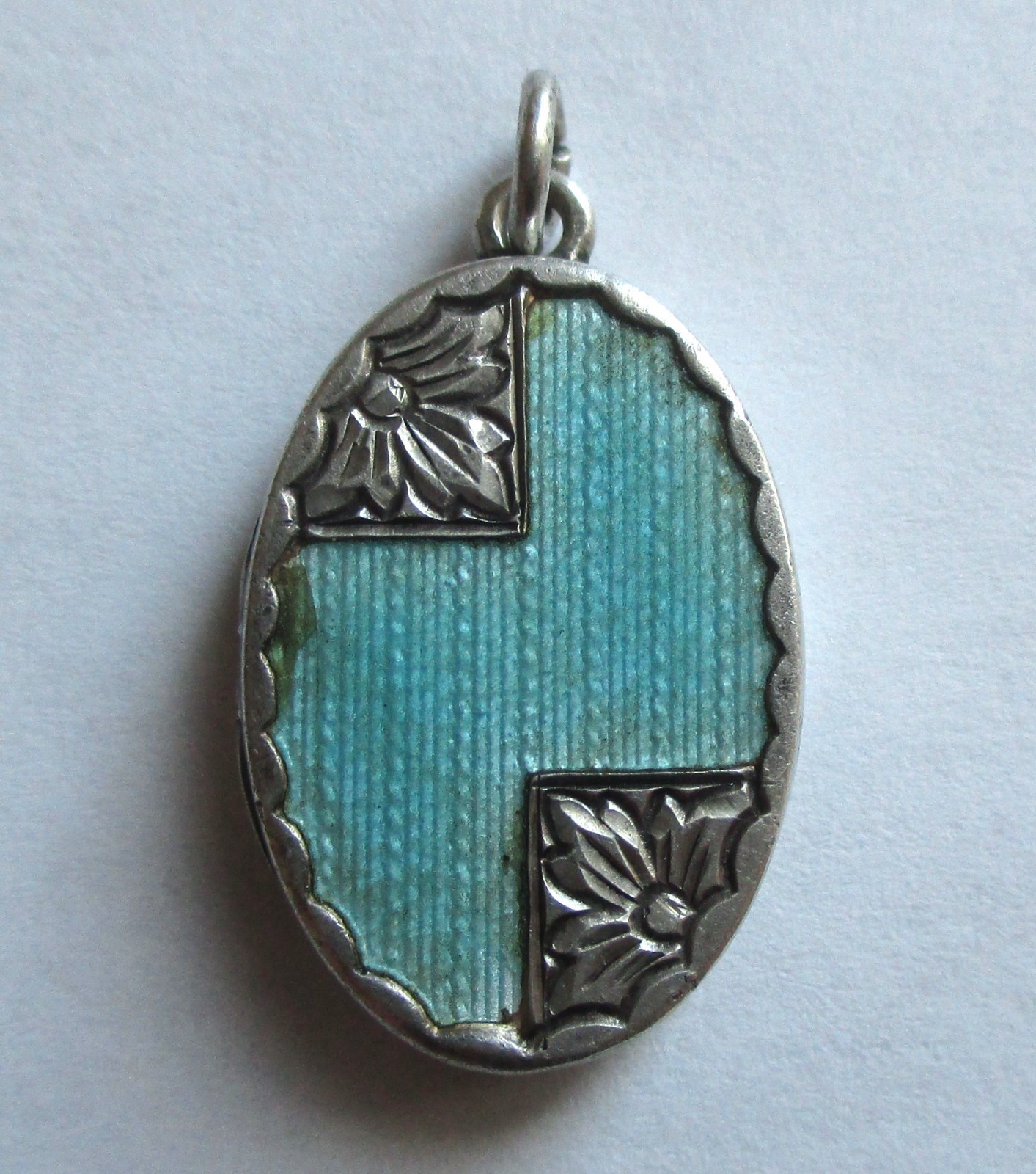 1in ANTIQUE STERLING SILVER SILVER BLUE ENAMEL MIRACULOUS MEDAL LOCKET PENDANT