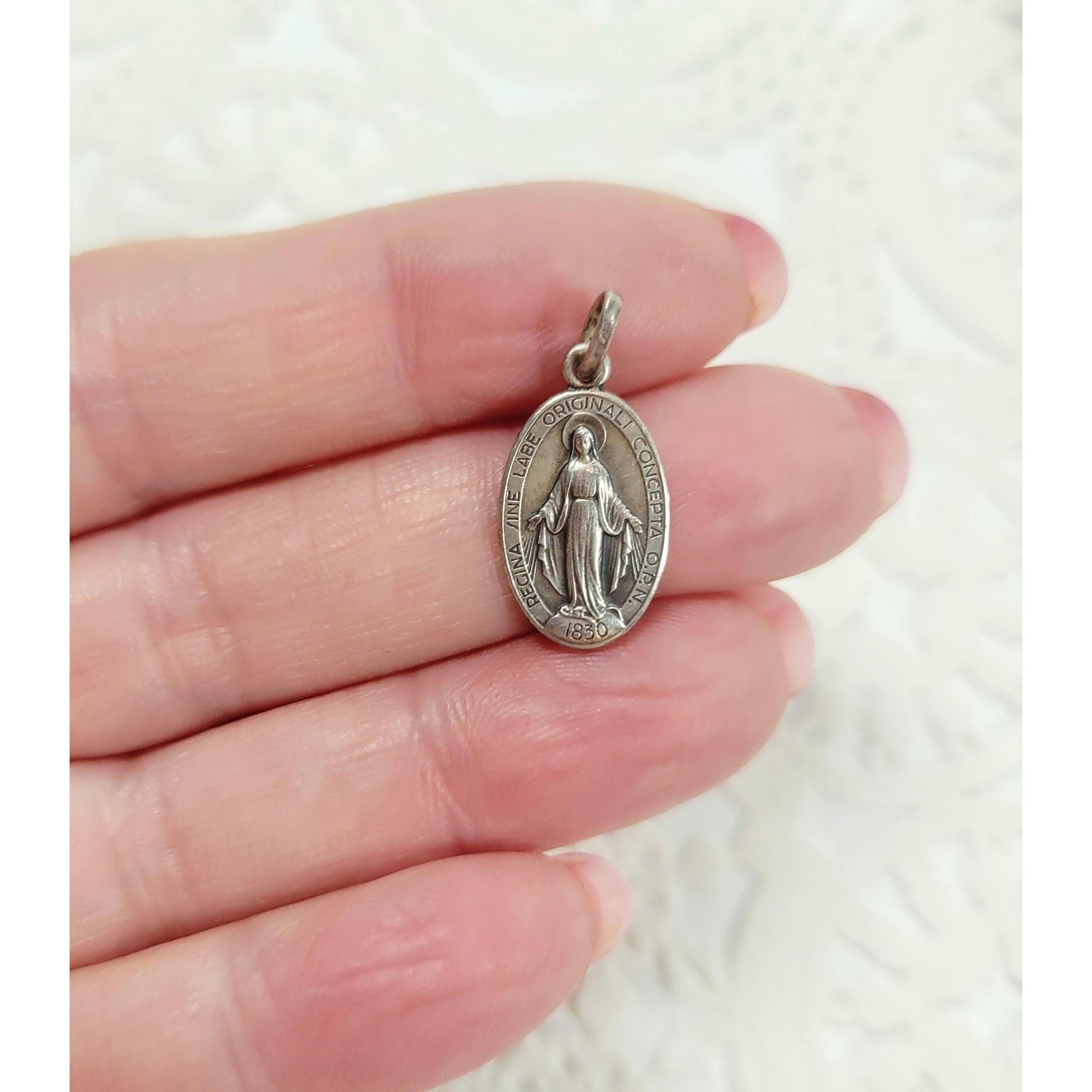 Vintage European 800 Silver Miraculous Medal Virgin Mary Religious Pendant